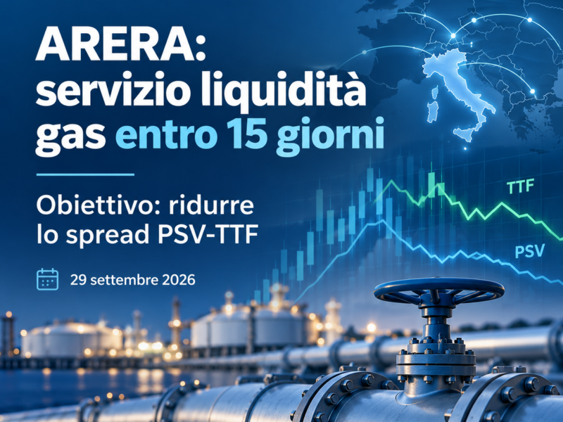 Gas: ARERA pronta ad attuare il servizio di liquidità per ridurre lo spread PSV-TTF
